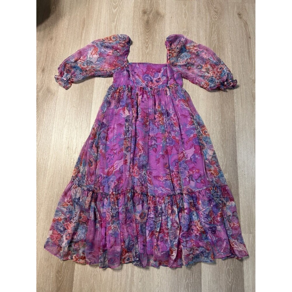 Storia Floral Puffed 3/4 Sleeve Chiffon Tiered A Line Midi Dress Sz Small